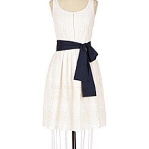 Anthropologie- Odille Dress in Off-White with navy blue tie belt